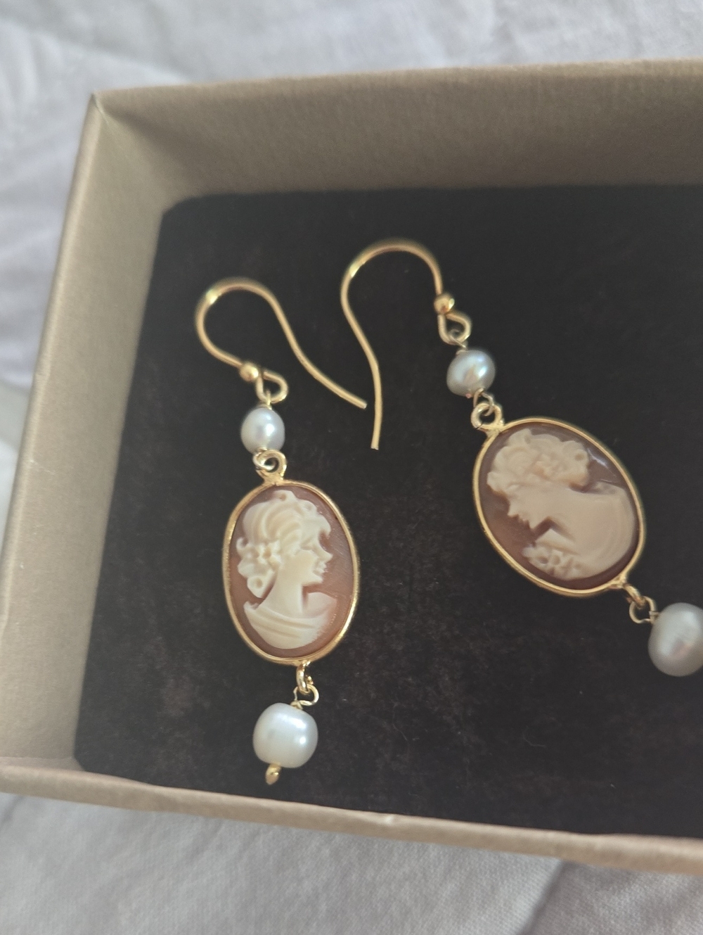 NEW 18K GOlD Over S S Cameo Drop Earrings with Pearls - Classic Cameo Design